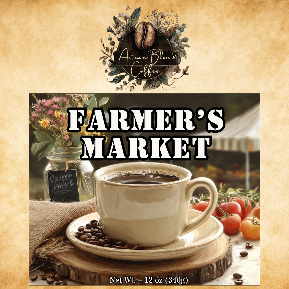 Rustic coffee cup on wood slice surrounded by fresh tomatoes, flowers, and a farmer’s market booth backdrop – Farmer’s Market Coffee by Artisan Blend